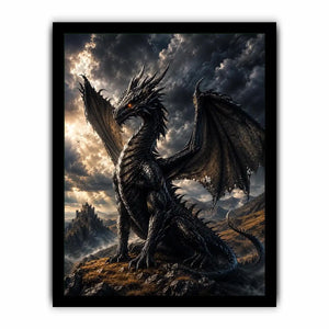 Majestic black dragon fantasy canvas wall art with dramatic storm clouds and cinematic medieval atmosphere