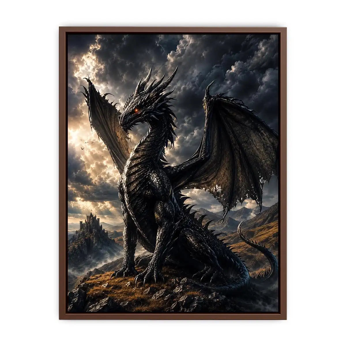 Majestic black dragon fantasy canvas wall art with dramatic storm clouds and cinematic medieval atmosphere