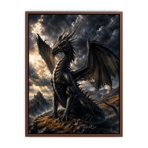 Majestic black dragon fantasy canvas wall art with dramatic storm clouds and cinematic medieval atmosphere