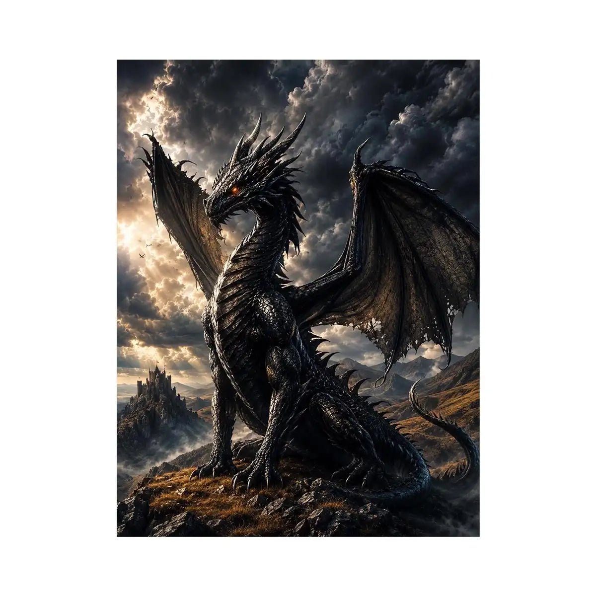 Majestic black dragon fantasy canvas wall art with dramatic storm clouds and cinematic medieval atmosphere