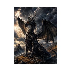 Majestic black dragon fantasy canvas wall art with dramatic storm clouds and cinematic medieval atmosphere