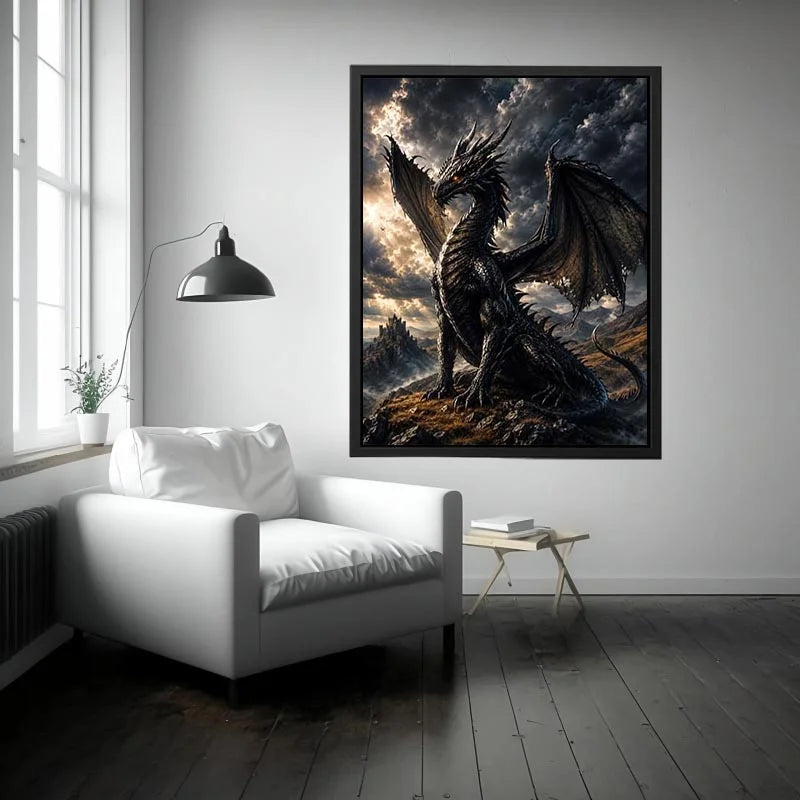 Majestic black dragon fantasy canvas wall art with dramatic storm clouds and cinematic medieval atmosphere
