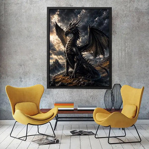 Majestic black dragon fantasy canvas wall art with dramatic storm clouds and cinematic medieval atmosphere