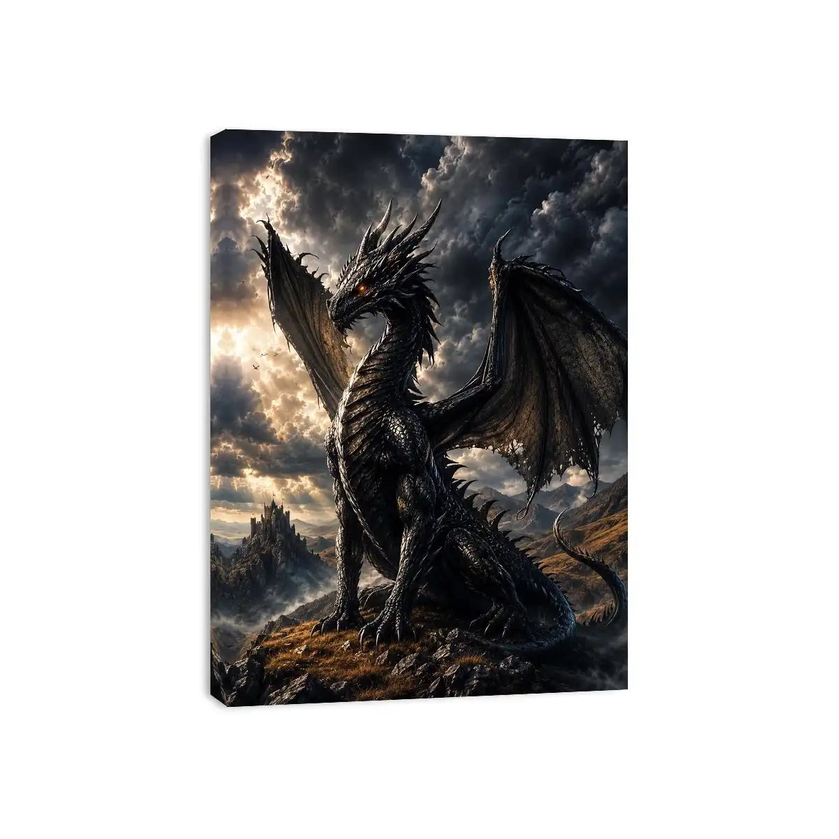 Majestic black dragon fantasy canvas wall art with dramatic storm clouds and cinematic medieval atmosphere