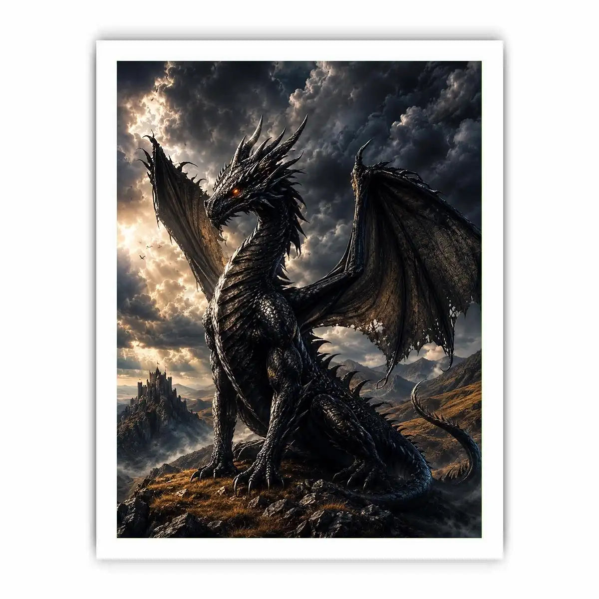 Majestic black dragon fantasy canvas wall art with dramatic storm clouds and cinematic medieval atmosphere