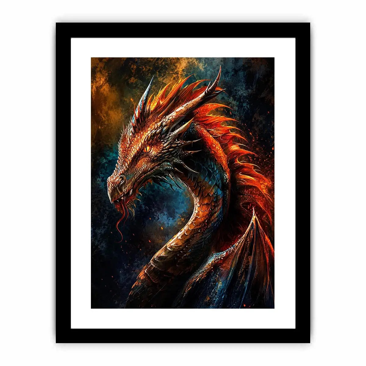 Fiery dragon portrait fantasy canvas wall art with cinematic lighting and detailed scales in dark dramatic tones