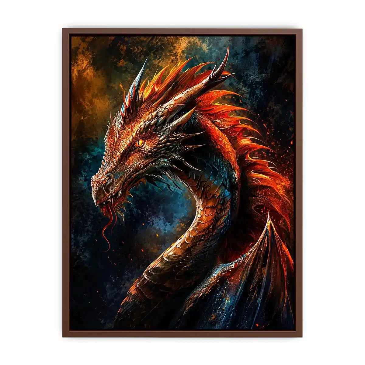 Fiery dragon portrait fantasy canvas wall art with cinematic lighting and detailed scales in dark dramatic tones