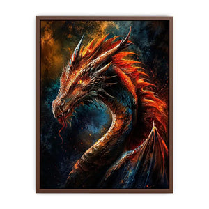 Fiery dragon portrait fantasy canvas wall art with cinematic lighting and detailed scales in dark dramatic tones