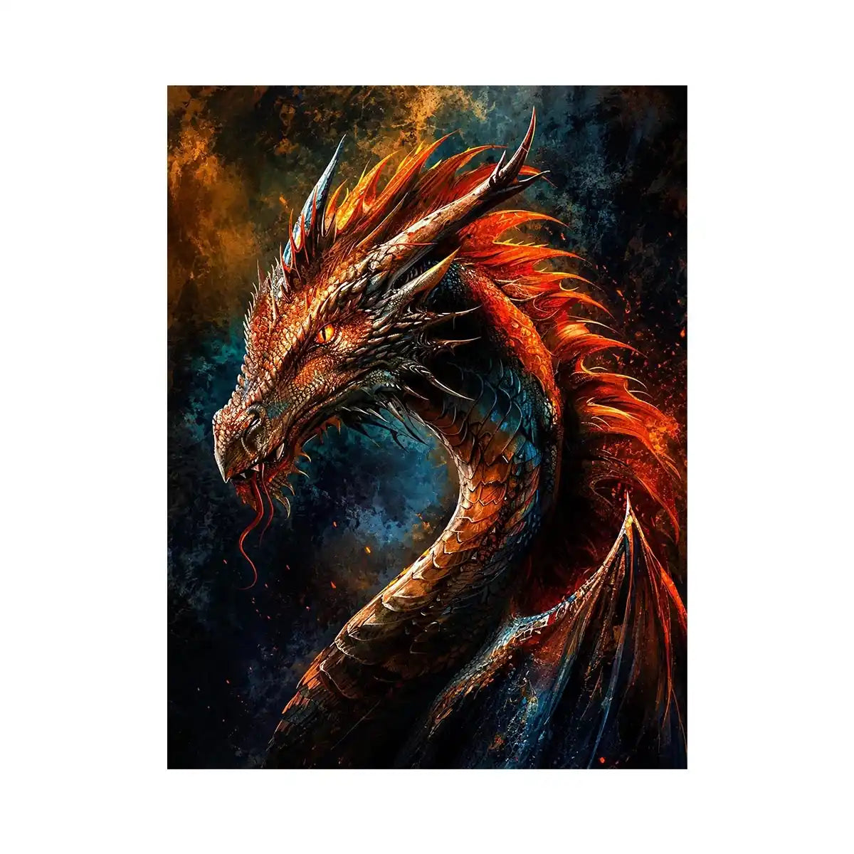 Fiery dragon portrait fantasy canvas wall art with cinematic lighting and detailed scales in dark dramatic tones