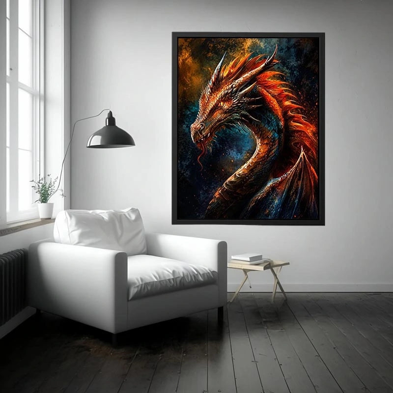 Fiery dragon portrait fantasy canvas wall art with cinematic lighting and detailed scales in dark dramatic tones