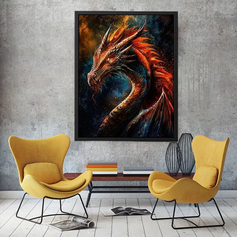 Fiery dragon portrait fantasy canvas wall art with cinematic lighting and detailed scales in dark dramatic tones