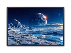 Frozen moon landscape canvas wall art with glowing celestial sky and icy blue cinematic scenery