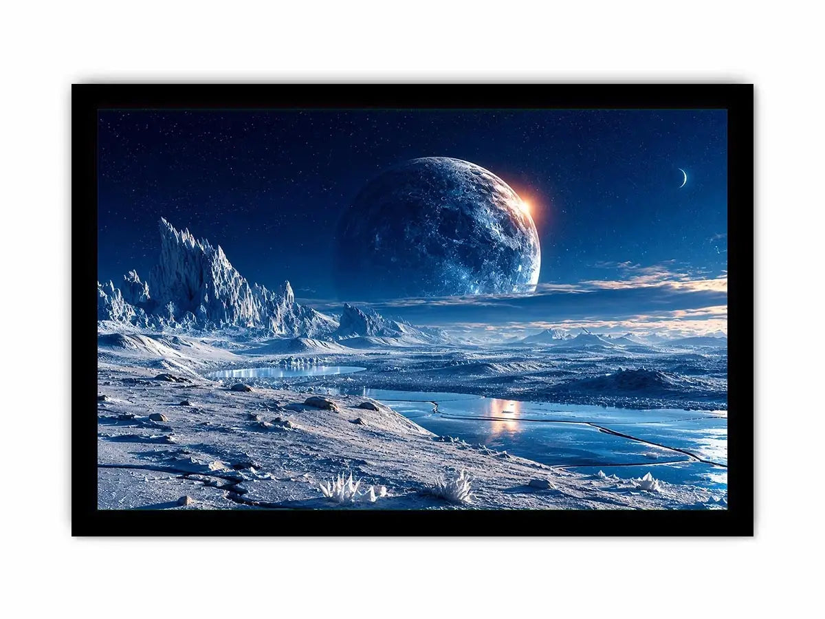 Frozen moon landscape canvas wall art with glowing celestial sky and icy blue cinematic scenery