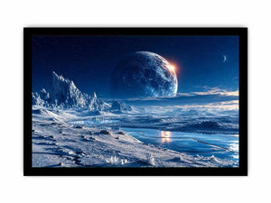 Frozen moon landscape canvas wall art with glowing celestial sky and icy blue cinematic scenery