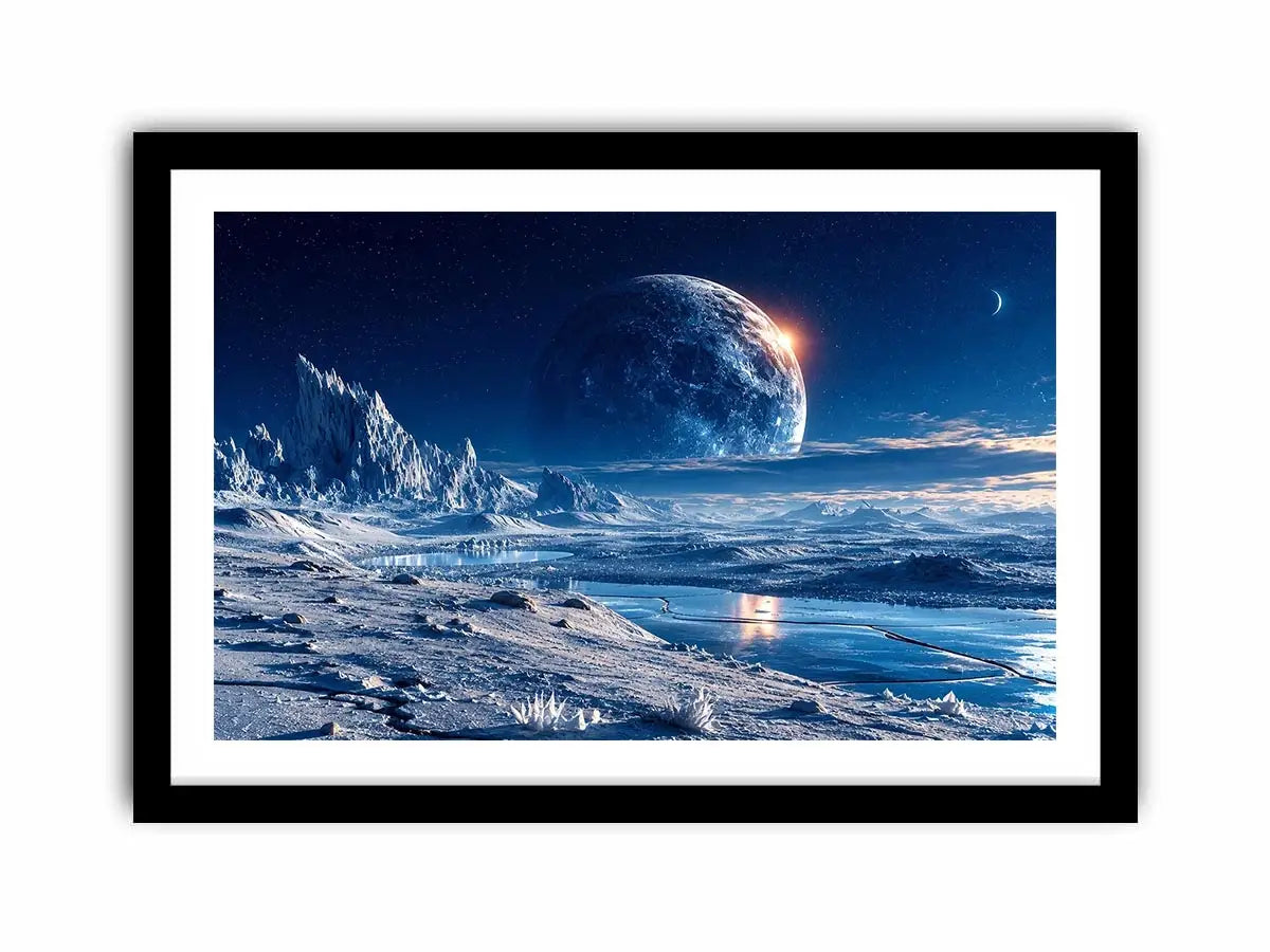 Frozen moon landscape canvas wall art with glowing celestial sky and icy blue cinematic scenery