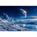 Frozen moon landscape canvas wall art with glowing celestial sky and icy blue cinematic scenery