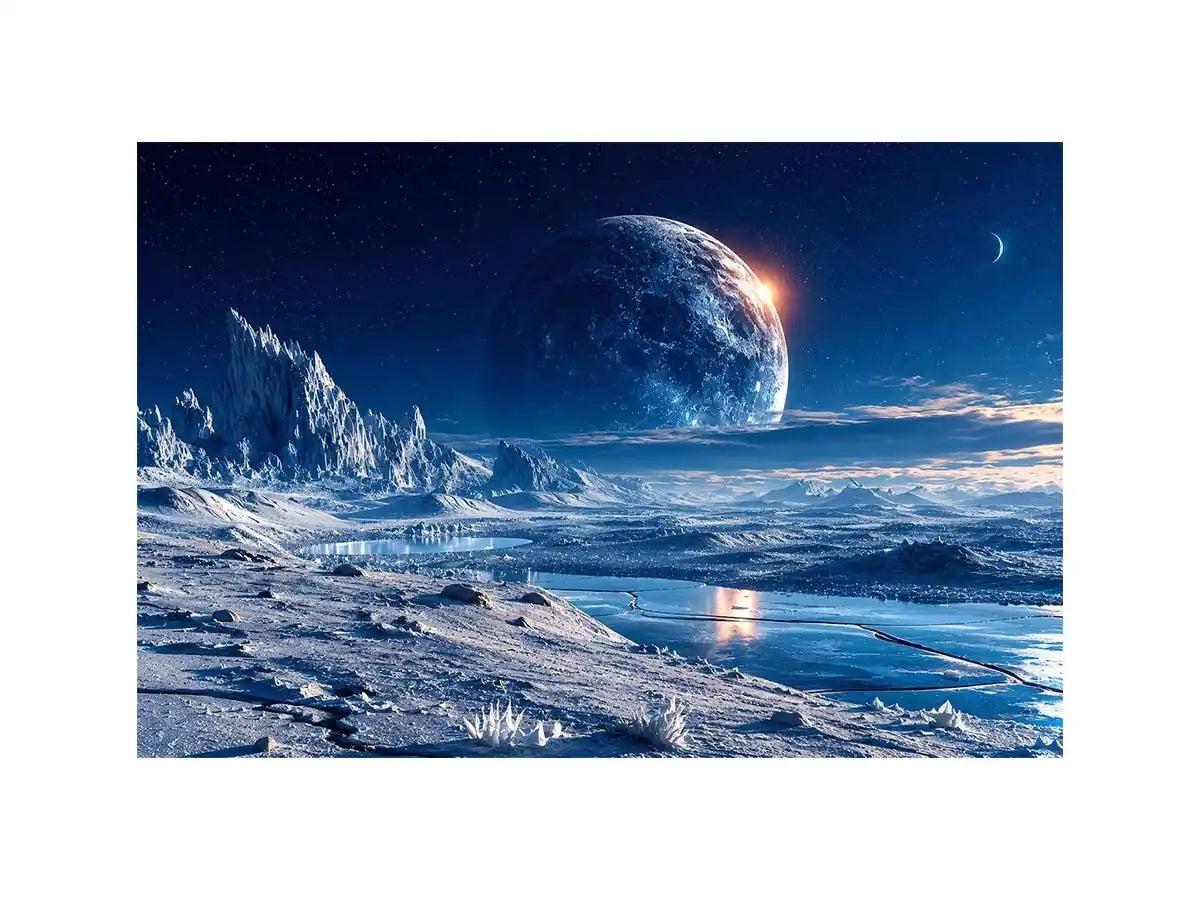 Frozen moon landscape canvas wall art with glowing celestial sky and icy blue cinematic scenery