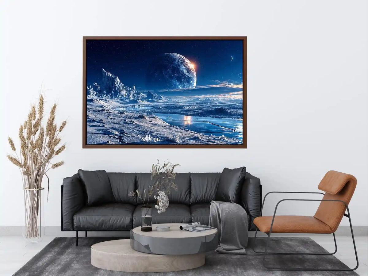 Frozen moon landscape canvas wall art with glowing celestial sky and icy blue cinematic scenery