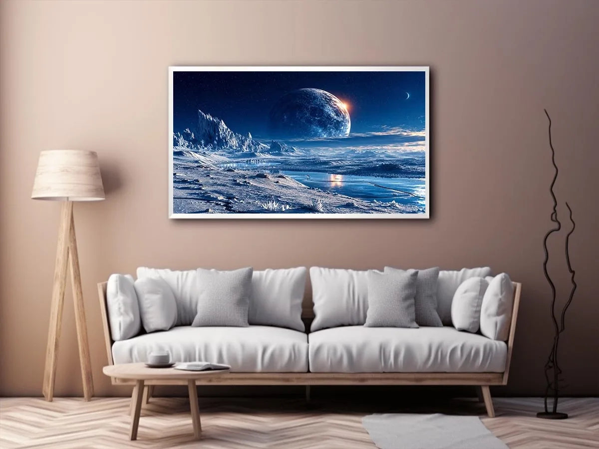 Frozen moon landscape canvas wall art with glowing celestial sky and icy blue cinematic scenery