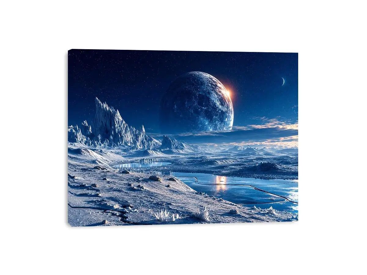 Frozen moon landscape canvas wall art with glowing celestial sky and icy blue cinematic scenery