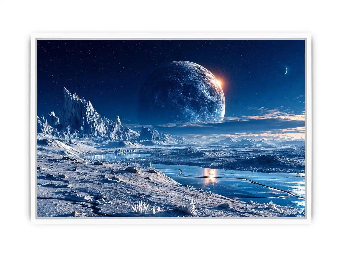 Frozen moon landscape canvas wall art with glowing celestial sky and icy blue cinematic scenery