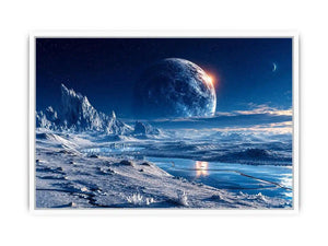 Frozen moon landscape canvas wall art with glowing celestial sky and icy blue cinematic scenery