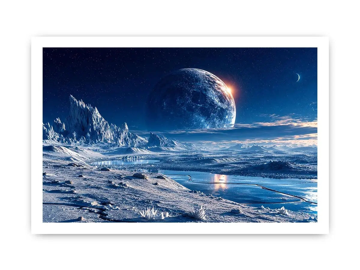 Frozen moon landscape canvas wall art with glowing celestial sky and icy blue cinematic scenery