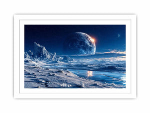 Frozen moon landscape canvas wall art with glowing celestial sky and icy blue cinematic scenery