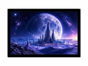 Futuristic moon city canvas wall art with glowing cosmic landscape and cinematic sci fi atmosphere