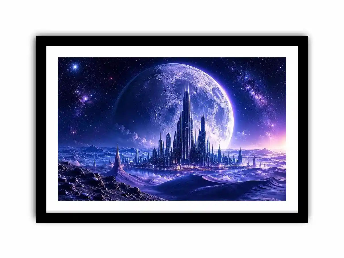 Futuristic moon city canvas wall art with glowing cosmic landscape and cinematic sci fi atmosphere