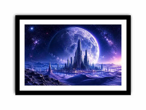 Futuristic moon city canvas wall art with glowing cosmic landscape and cinematic sci fi atmosphere
