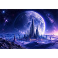 Futuristic moon city canvas wall art with glowing cosmic landscape and cinematic sci fi atmosphere