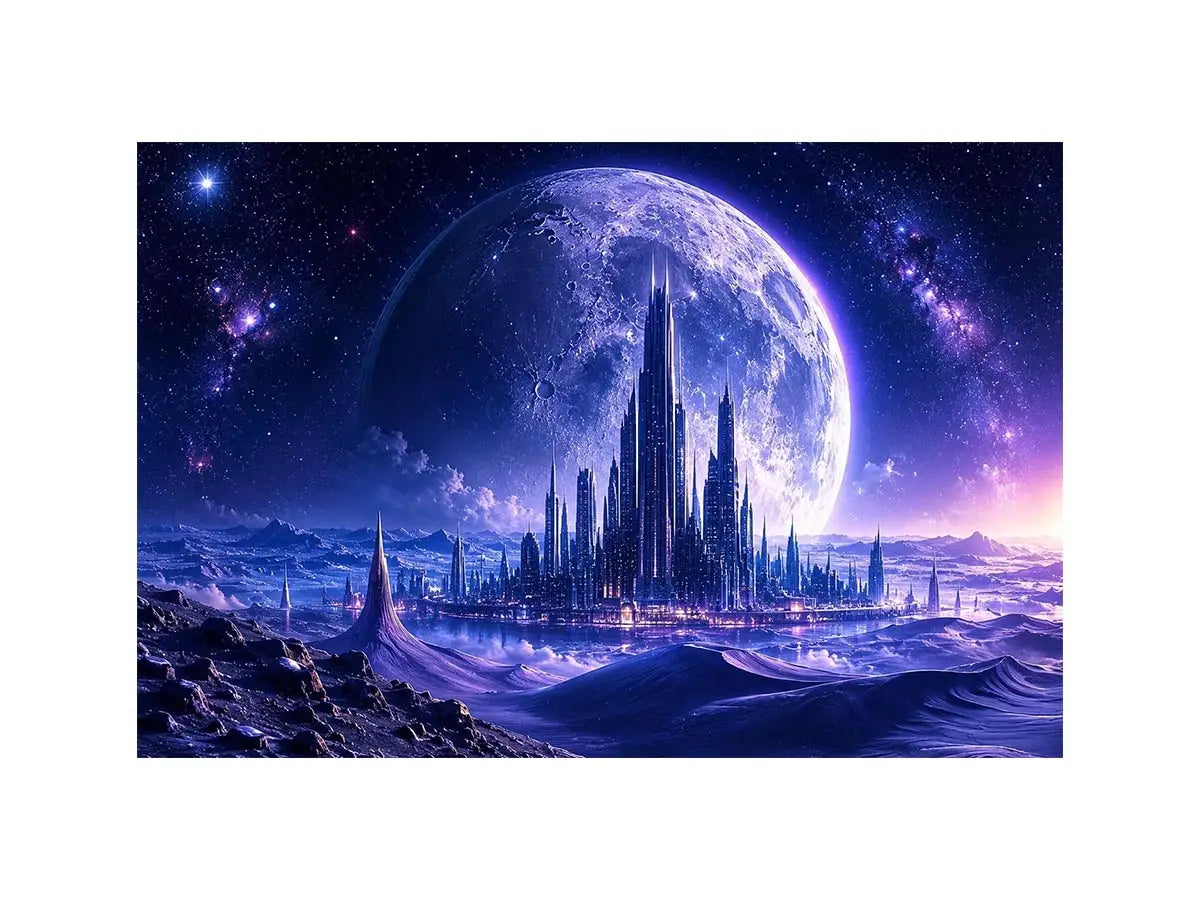 Futuristic moon city canvas wall art with glowing cosmic landscape and cinematic sci fi atmosphere