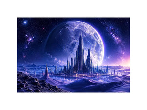 Futuristic moon city canvas wall art with glowing cosmic landscape and cinematic sci fi atmosphere