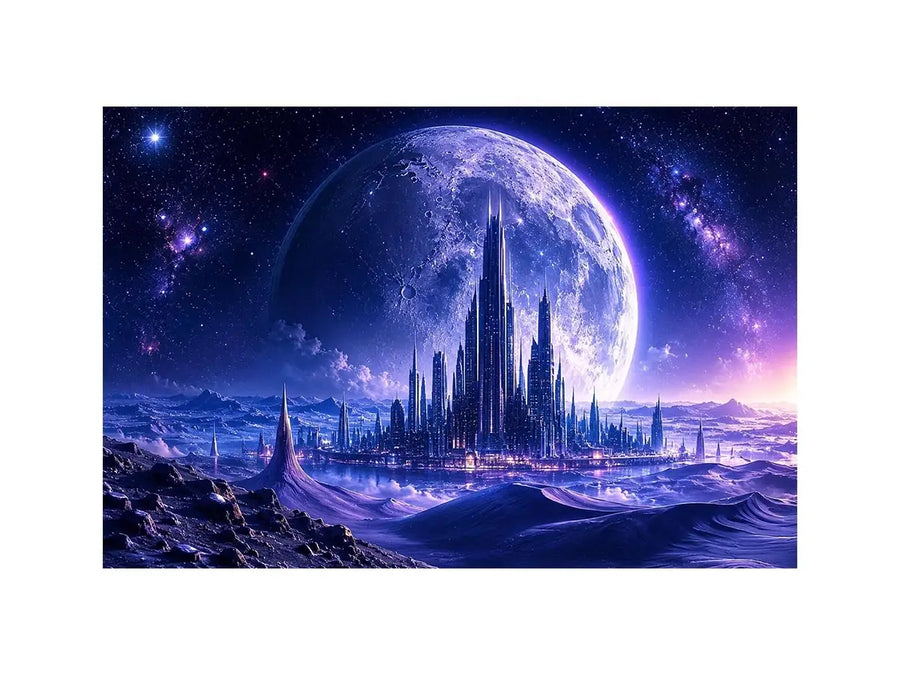 Futuristic moon city canvas wall art with glowing cosmic landscape and cinematic sci fi atmosphere