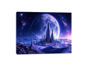 Futuristic moon city canvas wall art with glowing cosmic landscape and cinematic sci fi atmosphere