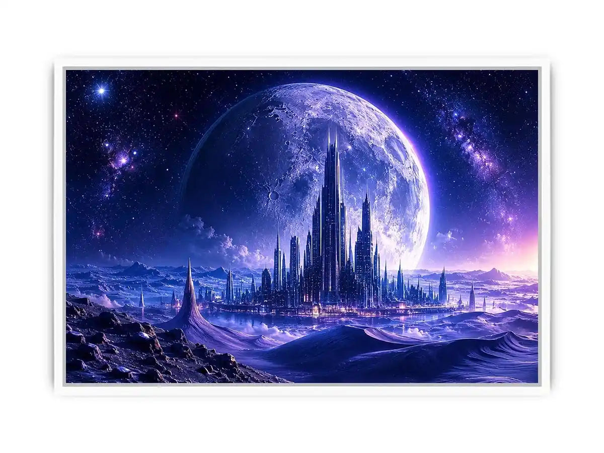Futuristic moon city canvas wall art with glowing cosmic landscape and cinematic sci fi atmosphere
