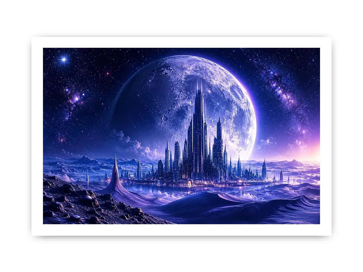 Futuristic moon city canvas wall art with glowing cosmic landscape and cinematic sci fi atmosphere