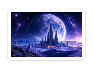 Futuristic moon city canvas wall art with glowing cosmic landscape and cinematic sci fi atmosphere