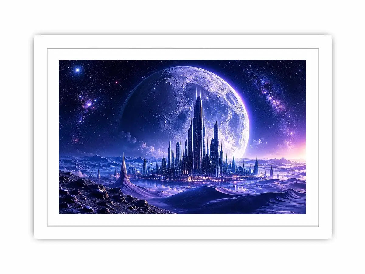 Futuristic moon city canvas wall art with glowing cosmic landscape and cinematic sci fi atmosphere
