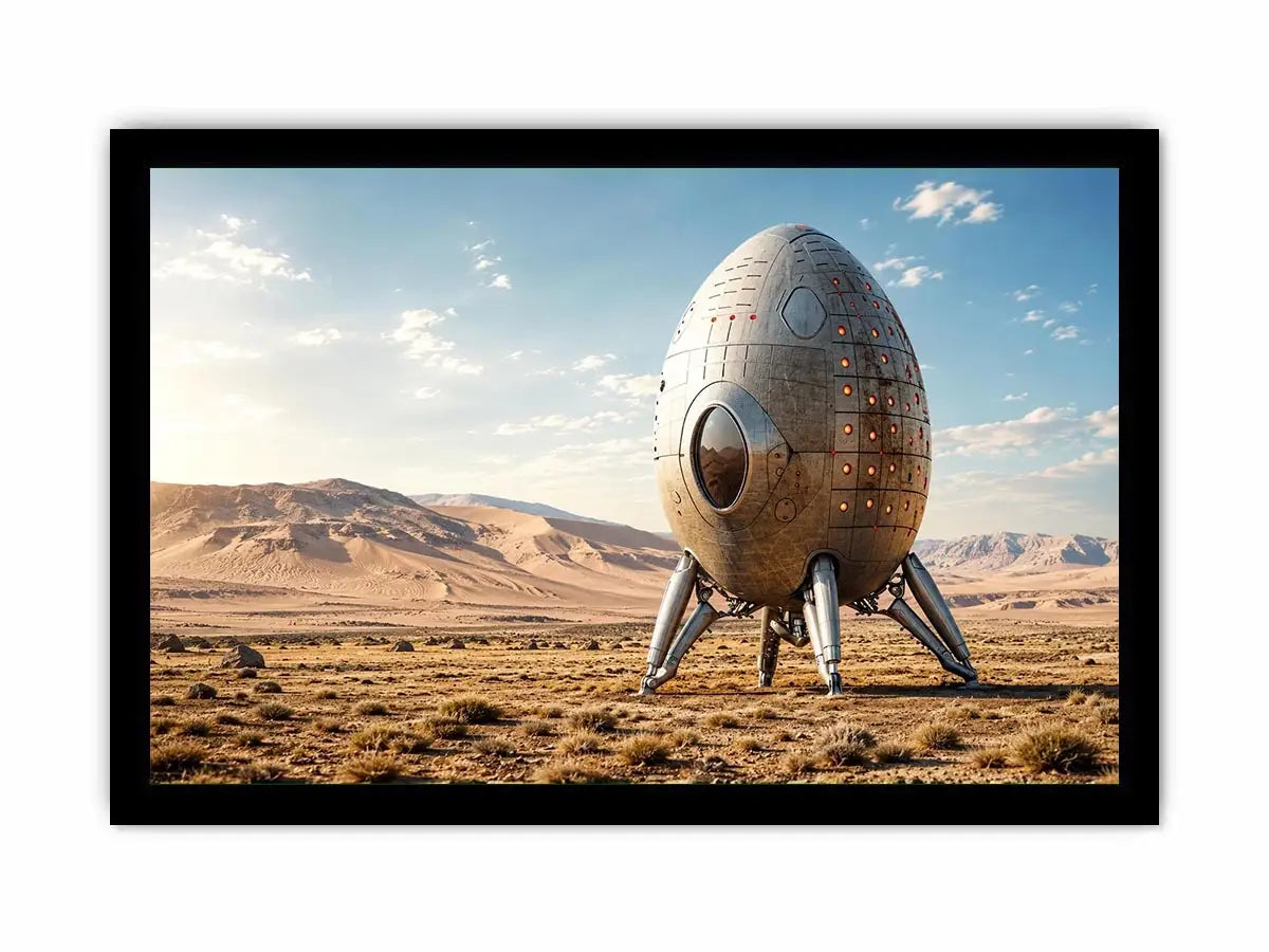 Minimal futuristic desert pod canvas wall art with soft neutral tones and modern sci fi atmosphere