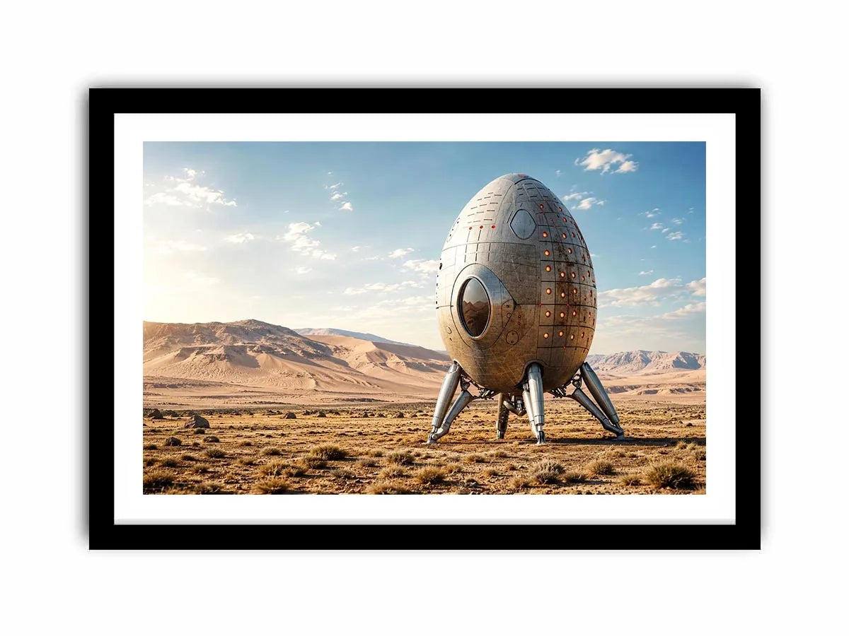 Minimal futuristic desert pod canvas wall art with soft neutral tones and modern sci fi atmosphere