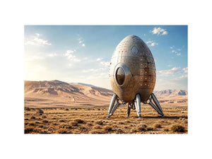 Minimal futuristic desert pod canvas wall art with soft neutral tones and modern sci fi atmosphere