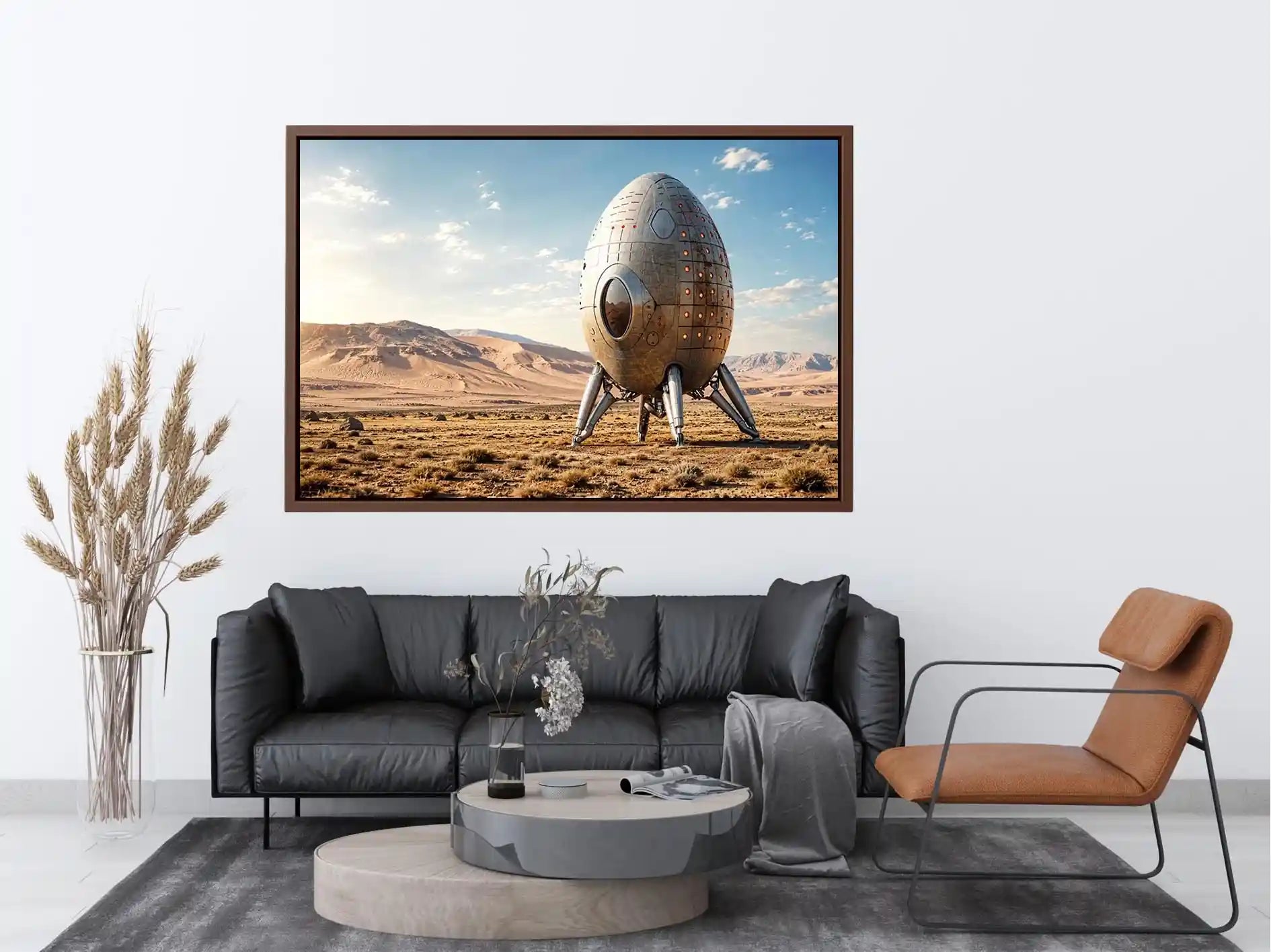 Minimal futuristic desert pod canvas wall art with soft neutral tones and modern sci fi atmosphere