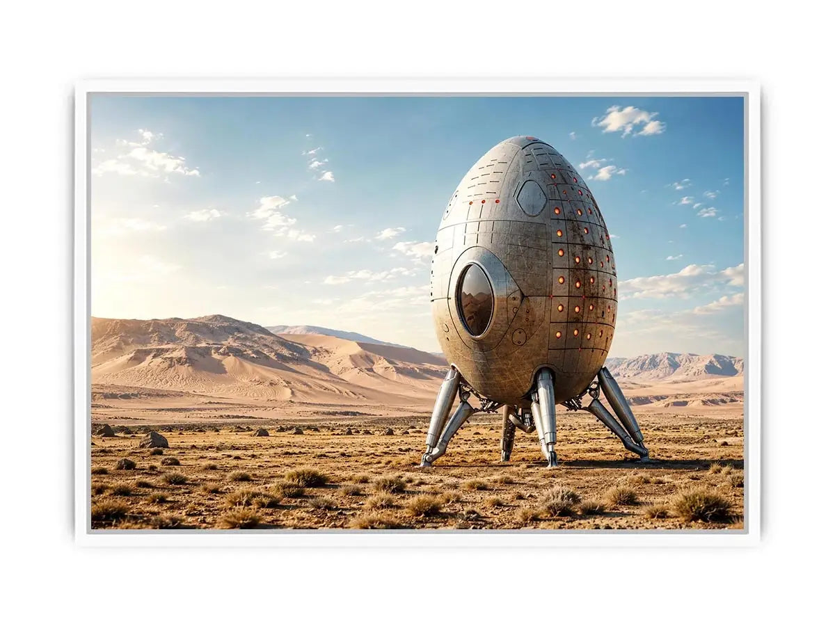 Minimal futuristic desert pod canvas wall art with soft neutral tones and modern sci fi atmosphere