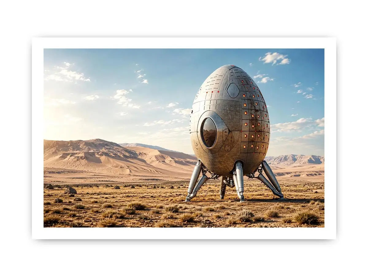Minimal futuristic desert pod canvas wall art with soft neutral tones and modern sci fi atmosphere