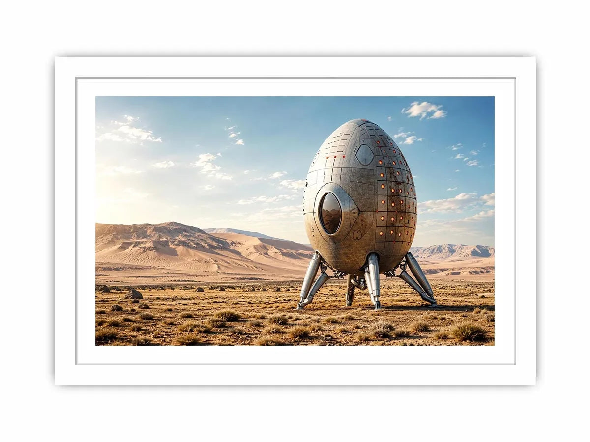 Minimal futuristic desert pod canvas wall art with soft neutral tones and modern sci fi atmosphere