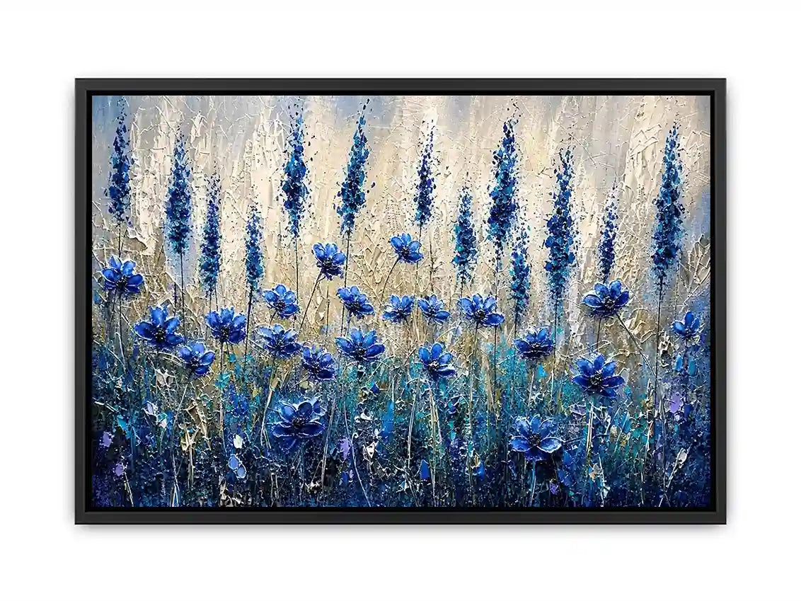 Abstract blue floral meadow painting with textured brushstrokes and soft neutral background