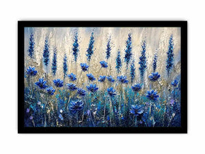 Abstract blue floral meadow painting with textured brushstrokes and soft neutral background