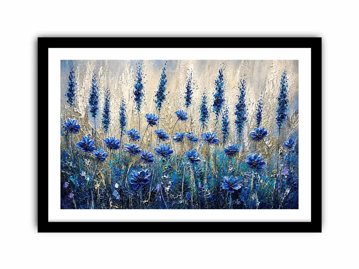 Abstract blue floral meadow painting with textured brushstrokes and soft neutral background
